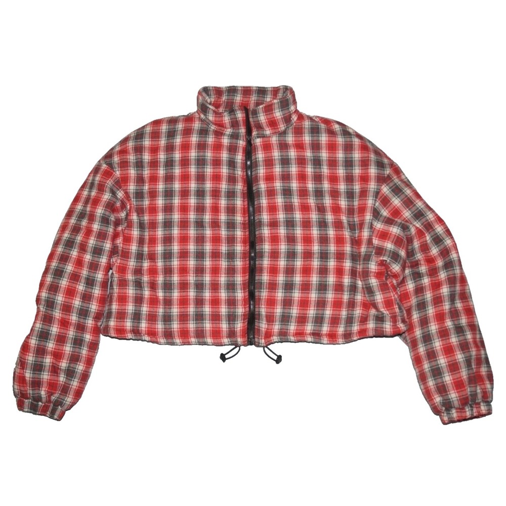 Shein Women's Red Flannel Crop Puffer Coat‎ Size XL